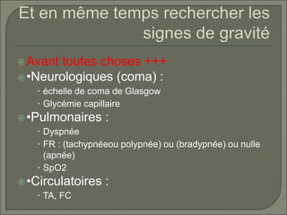 Avant toutes choses +++
•Neurologiques (coma) :
 échelle de coma de Glasgow
 Glycémie capillaire
•Pulmonaires :
 Dyspnée
 FR : (tachypnéeou polypnée) ou (bradypnée) ou nulle
(apnée)
 SpO2
•Circulatoires :
 TA, FC
 
