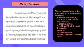 The key manufacturers in the
polytrimethylene terephthalate
market are
• Eastman Chemical Co.,
• E. I. du Pont de Nemours
and Company,
• Huvis Corporation,
• Royal Dutch/Shell Group of
Companies,
• Teijin Ltd.,
• SK Chemicals and
• Toray Industries Inc. among
others.
Market Scenario
 