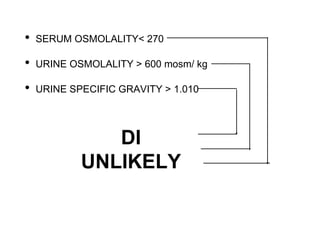 • SERUM OSMOLALITY< 270
• URINE OSMOLALITY > 600 mosm/ kg
• URINE SPECIFIC GRAVITY > 1.010
DI
UNLIKELY
 