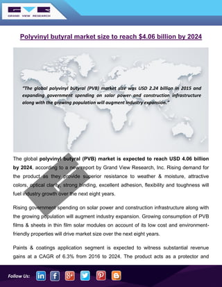 Follow Us:
Polyvinyl butyral market size to reach $4.06 billion by 2024
The global polyvinyl butyral (PVB) market is expected to reach USD 4.06 billion
by 2024, according to a new report by Grand View Research, Inc. Rising demand for
the product as they provide superior resistance to weather & moisture, attractive
colors, optical clarity, strong binding, excellent adhesion, flexibility and toughness will
fuel industry growth over the next eight years.
Rising government spending on solar power and construction infrastructure along with
the growing population will augment industry expansion. Growing consumption of PVB
films & sheets in thin film solar modules on account of its low cost and environment-
friendly properties will drive market size over the next eight years.
Paints & coatings application segment is expected to witness substantial revenue
gains at a CAGR of 6.3% from 2016 to 2024. The product acts as a protector and
“The global polyvinyl butyral (PVB) market size was USD 2.24 billion in 2015 and
expanding government spending on solar power and construction infrastructure
along with the growing population will augment industry expansion.”
 