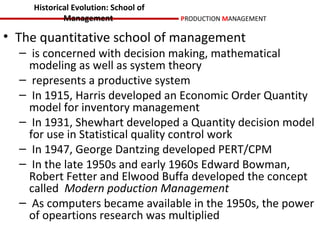 Historical Evolution: School of
            Management                PRODUCTION MANAGEMENT

• The quantitative school of management
  – is concerned with decision making, mathematical
    modeling as well as system theory
  – represents a productive system
  – In 1915, Harris developed an Economic Order Quantity
    model for inventory management
  – In 1931, Shewhart developed a Quantity decision model
    for use in Statistical quality control work
  – In 1947, George Dantzing developed PERT/CPM
  – In the late 1950s and early 1960s Edward Bowman,
    Robert Fetter and Elwood Buffa developed the concept
    called Modern poduction Management
  – As computers became available in the 1950s, the power
    of opeartions research was multiplied
 