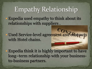 Expedia used empathy to think about its relationships with suppliers .Used Service-level agreement and contracts with Hotel chains.Expedia think it is highly important to have long–term relationship with your business-to-business partners.Empathy Relationship