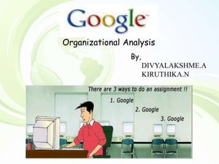 Organizational Analysis
By,

DIVYALAKSHME.A
KIRUTHIKA.N

 