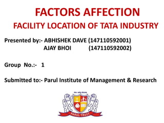 FACTORS AFFECTION
FACILITY LOCATION OF TATA INDUSTRY
Presented by:- ABHISHEK DAVE (147110592001)
AJAY BHOI (147110592002)
Group No.:- 1
Submitted to:- Parul Institute of Management & Research
 