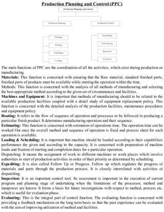 Production Planning and Control (PPC)
The main functions of PPC are the coordination of all the activities, which exist during production or
manufacturing.
Materials: This function is concerned with ensuring that the Raw material, standard finished parts,
finished parts of products must be available while starting the operation within the time.
Methods: This function is concerned with the analysis of all methods of manufacturing and selecting
the best appropriate method according to the given set of circumstances and facilities.
Machines and Equipment: It is important that methods of manufacturing should to be related to the
available production facilities coupled with a detail study of equipment replacement policy. This
function is concerned with the detailed analysis of the production facilities, maintenance procedures
and equipment policy.
Routing: It refers to the flow of sequence of operation and processes to be followed in producing a
particular finish product. It determines manufacturing operation and their sequence.
Estimating: This function is concerned with estimation of operations time. The operation time can be
worked Out once the overall method and sequence of operation is fixed and process sheet for each
operation is available.
Loading & Scheduling: It is important that machine should be loaded according to their capabilities
performance the given and according to the capacity. It is concerned with preparation of machine
loads and fixation of starting and completion dates for a particular operation.
Dispatching: It means the assignment of work to different machines or work places which involve
authorities to start of production activities in order of their priority as determined by scheduling.
Expediting: It is also called Follow Up or Progress. Follow up which regulates the progress of
materials and parts through the production process. It is closely interrelated with activities of
dispatching.
Inspection: It is an important control tool. Its assessment is important in the execution of current
program and planning stage of undertaking when the limitations of the processor, method and
manpower are known. It forms a basis for future investigations with respect to method, process etc.
which is useful for evaluation phase.
Evaluating: This is the integral part of control function. The evaluating function is concerned with
providing a feedback mechanism on the long term basis so that the past experience can be evaluated
with the aim of improving utilization of method and facilities.
 