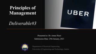 Principles of
Management
Deliverable#3
Presented to: Dr. Amna Niazi
Submission Date: 25th January, 2021
Department of Electrical Engineering,
University of Engineering and Technology, Lahore
 