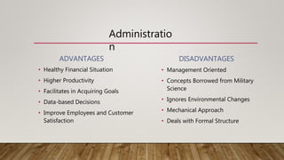 ADVANTAGES
• Healthy Financial Situation
• Higher Productivity
• Facilitates in Acquiring Goals
• Data-based Decisions
• Improve Employees and Customer
Satisfaction
DISADVANTAGES
• Management Oriented
• Concepts Borrowed from Military
Science
• Ignores Environmental Changes
• Mechanical Approach
• Deals with Formal Structure
Administratio
n
 