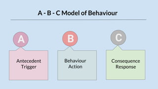 A - B - C Model of Behaviour
A B C
Antecedent
Trigger
Behaviour
Action
Consequence
Response
 