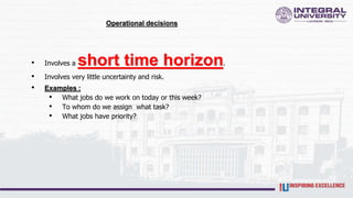 Operational decisions
• Involves a short time horizon.
• Involves very little uncertainty and risk.
• Examples :
• What jobs do we work on today or this week?
• To whom do we assign what task?
• What jobs have priority?
 