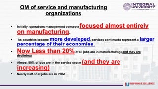 OM of service and manufacturing
organizations
• Initially, operations management concepts focused almost entirely
on manufacturing.
• As countries become more developed, services continue to represent a larger
percentage of their economies.
• Now Less than 20%of all jobs are in manufacturing (and they are
declining)
• Almost 80% of jobs are in the service sector (and they are
increasing)
• Nearly half of all jobs are in POM
 