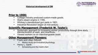 Historical development of OM
Prior to 1900:
• Cottage industry produced custom-made goods.
• Watt’s steam engine in 1785.
• Whitney’s standardized gun parts in 1801.
• Industrial Revolution began at mid-century.
Scientific Management (Frederick W. Taylor):
• Systematic approach to increasing worker productivity through time study,
standardization of work, and incentives.
• Viewed workers as an interchangeable asset.
Other Management Pioneers:
• Frank and Lillian Gilbreth
• Motion study and industrial psychology
• Henry L. Gantt
• Scheduling and the Gantt chart
 