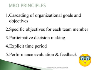 1.Cascading of organizational goals and
objectives
2.Specific objectives for each team member
3.Participative decision making
4.Explicit time period
5.Performance evaluation & feedback
sanjaykanagala,rimsmba,kakinada
 
