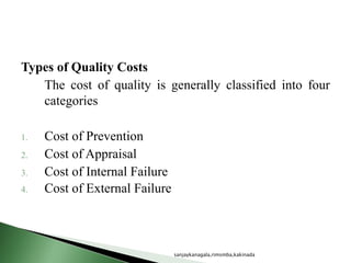 Types of Quality Costs
The cost of quality is generally classified into four
categories
1. Cost of Prevention
2. Cost of Appraisal
3. Cost of Internal Failure
4. Cost of External Failure
sanjaykanagala,rimsmba,kakinada
 