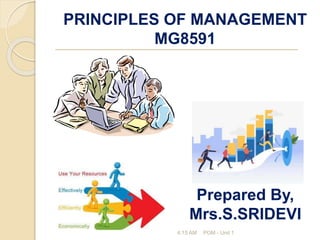 PRINCIPLES OF MANAGEMENT
MG8591
4:15 AM POM - Unit 1
Prepared By,
Mrs.S.SRIDEVI
 