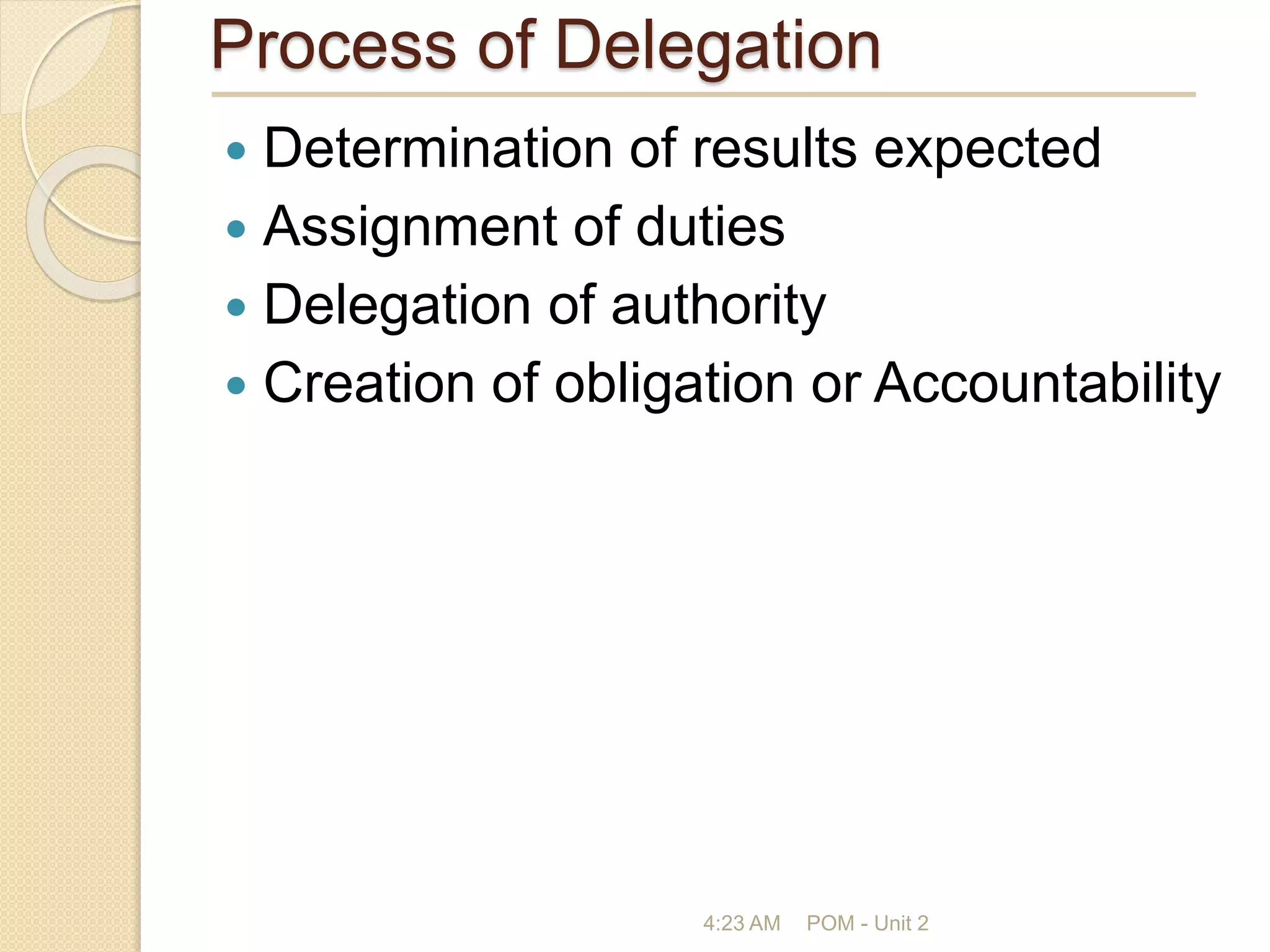 Process of Delegation
 Determination of results expected
 Assignment of duties
 Delegation of authority
 Creation of obligation or Accountability
4:23 AM POM - Unit 2
 