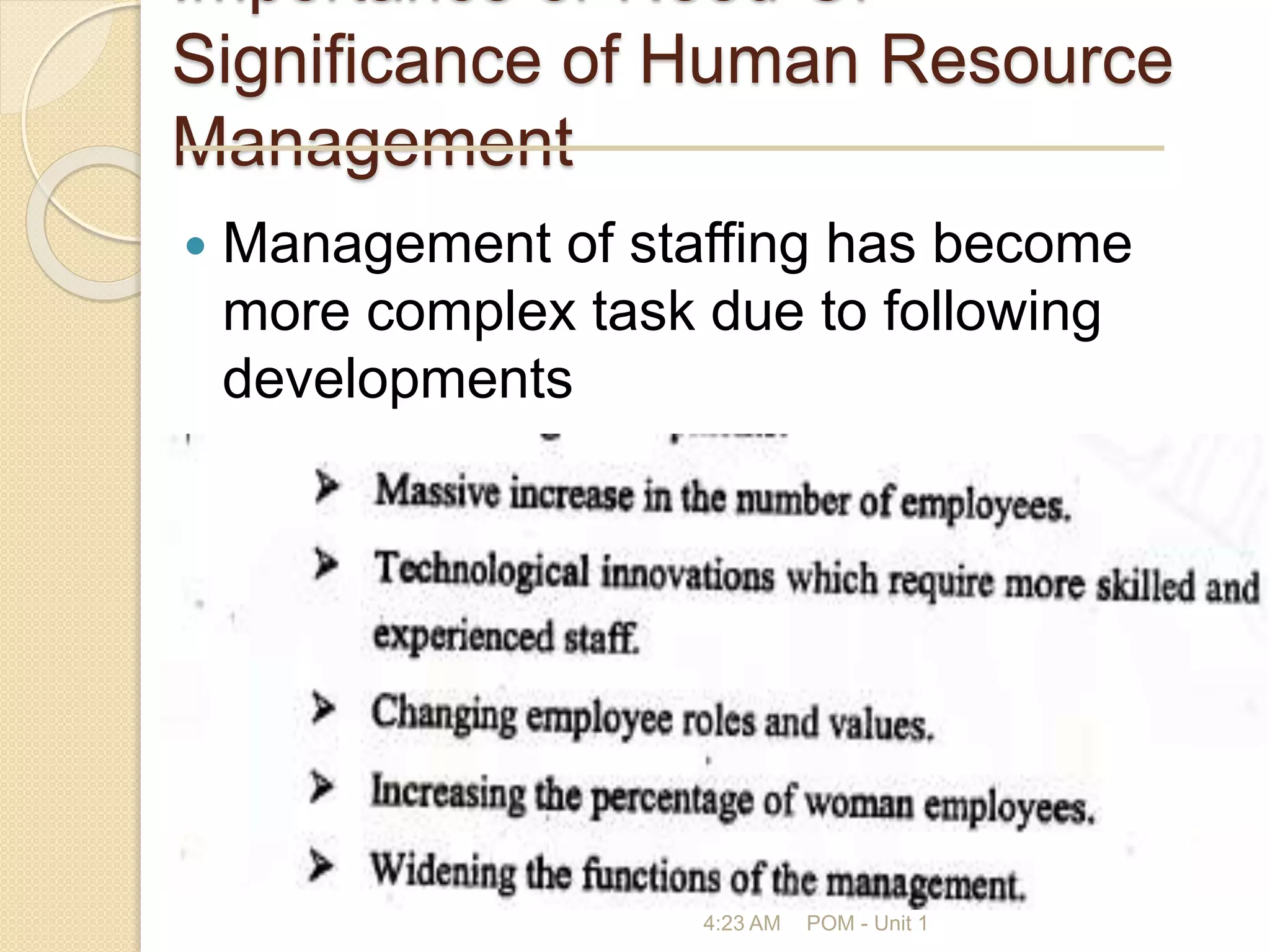 Importance or Need Or
Significance of Human Resource
Management
 Management of staffing has become
more complex task due to following
developments
4:23 AM POM - Unit 1
 