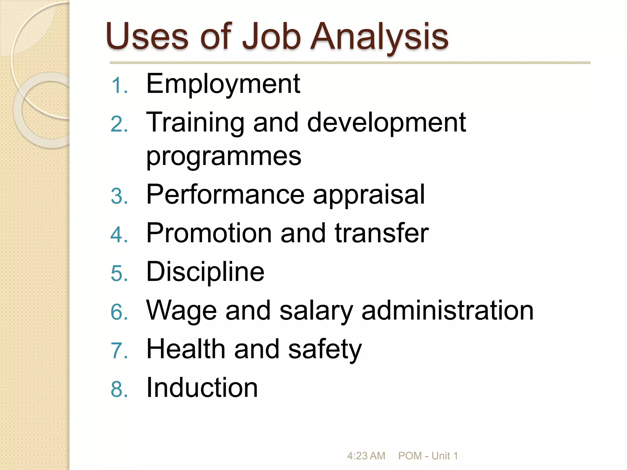 Uses of Job Analysis
1. Employment
2. Training and development
programmes
3. Performance appraisal
4. Promotion and transfer
5. Discipline
6. Wage and salary administration
7. Health and safety
8. Induction
4:23 AM POM - Unit 1
 