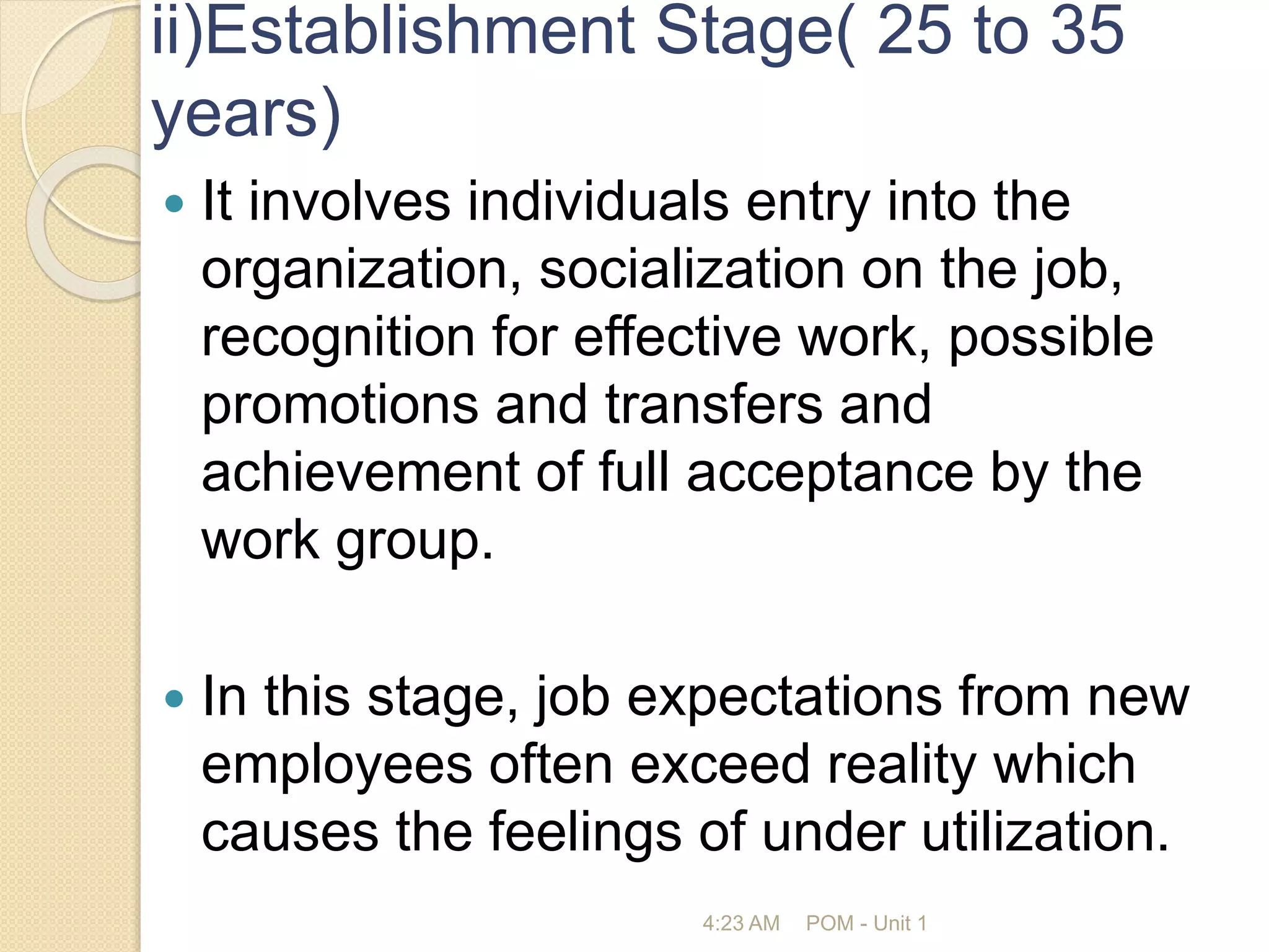 ii)Establishment Stage( 25 to 35
years)
 It involves individuals entry into the
organization, socialization on the job,
recognition for effective work, possible
promotions and transfers and
achievement of full acceptance by the
work group.
 In this stage, job expectations from new
employees often exceed reality which
causes the feelings of under utilization.
4:23 AM POM - Unit 1
 