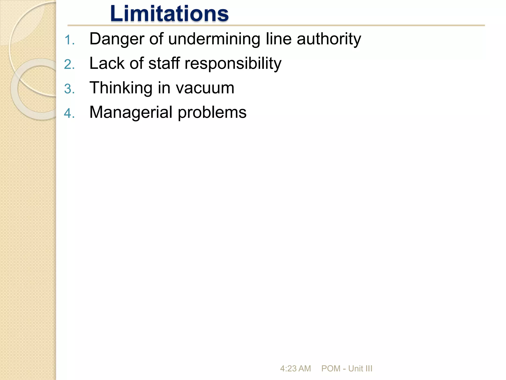 Limitations
4:23 AM POM - Unit III
1. Danger of undermining line authority
2. Lack of staff responsibility
3. Thinking in vacuum
4. Managerial problems
 