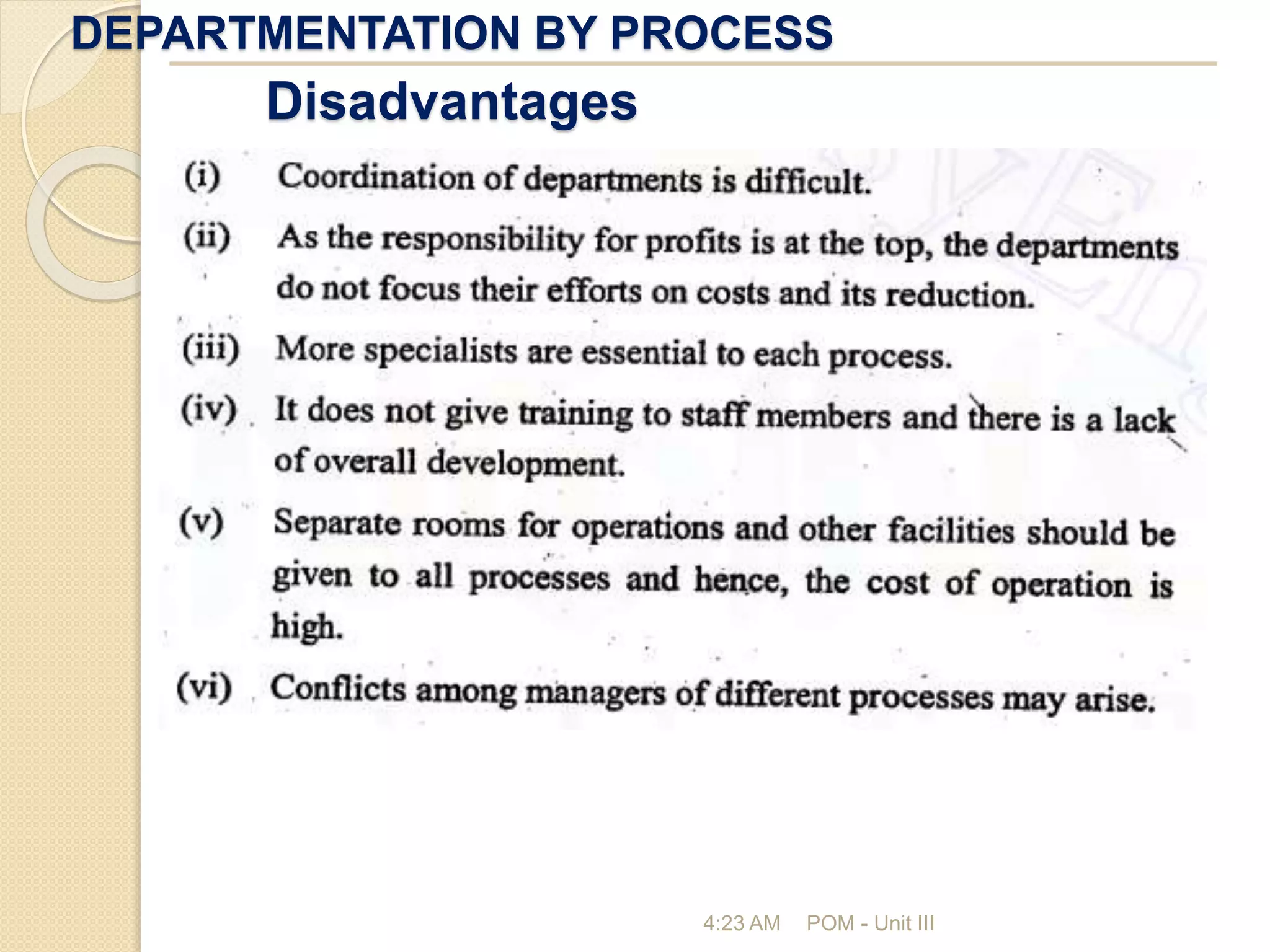 DEPARTMENTATION BY PROCESS
4:23 AM POM - Unit III
Disadvantages
 