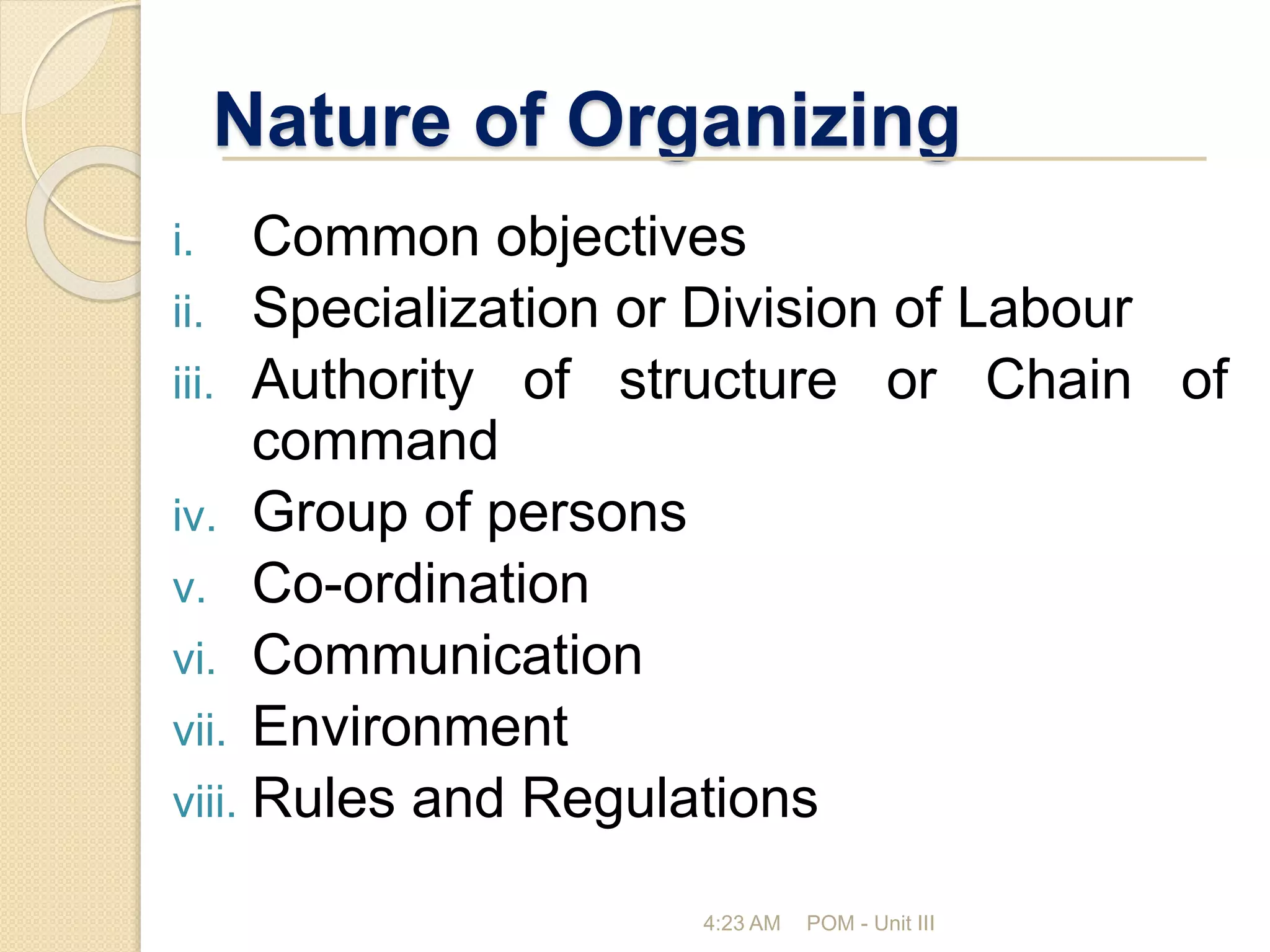 Nature of Organizing
i. Common objectives
ii. Specialization or Division of Labour
iii. Authority of structure or Chain of
command
iv. Group of persons
v. Co-ordination
vi. Communication
vii. Environment
viii. Rules and Regulations
4:23 AM POM - Unit III
 