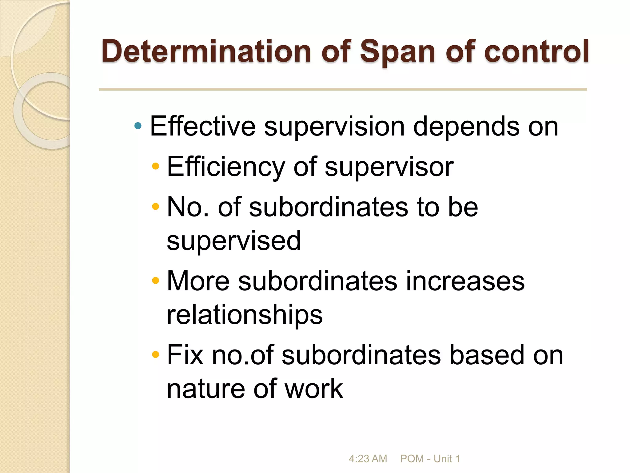 Determination of Span of control
• Effective supervision depends on
• Efficiency of supervisor
• No. of subordinates to be
supervised
• More subordinates increases
relationships
• Fix no.of subordinates based on
nature of work
4:23 AM POM - Unit 1
 