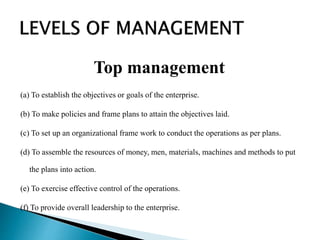 Top management
(a) To establish the objectives or goals of the enterprise.
(b) To make policies and frame plans to attain the objectives laid.
(c) To set up an organizational frame work to conduct the operations as per plans.
(d) To assemble the resources of money, men, materials, machines and methods to put
the plans into action.
(e) To exercise effective control of the operations.
(f) To provide overall leadership to the enterprise.
 