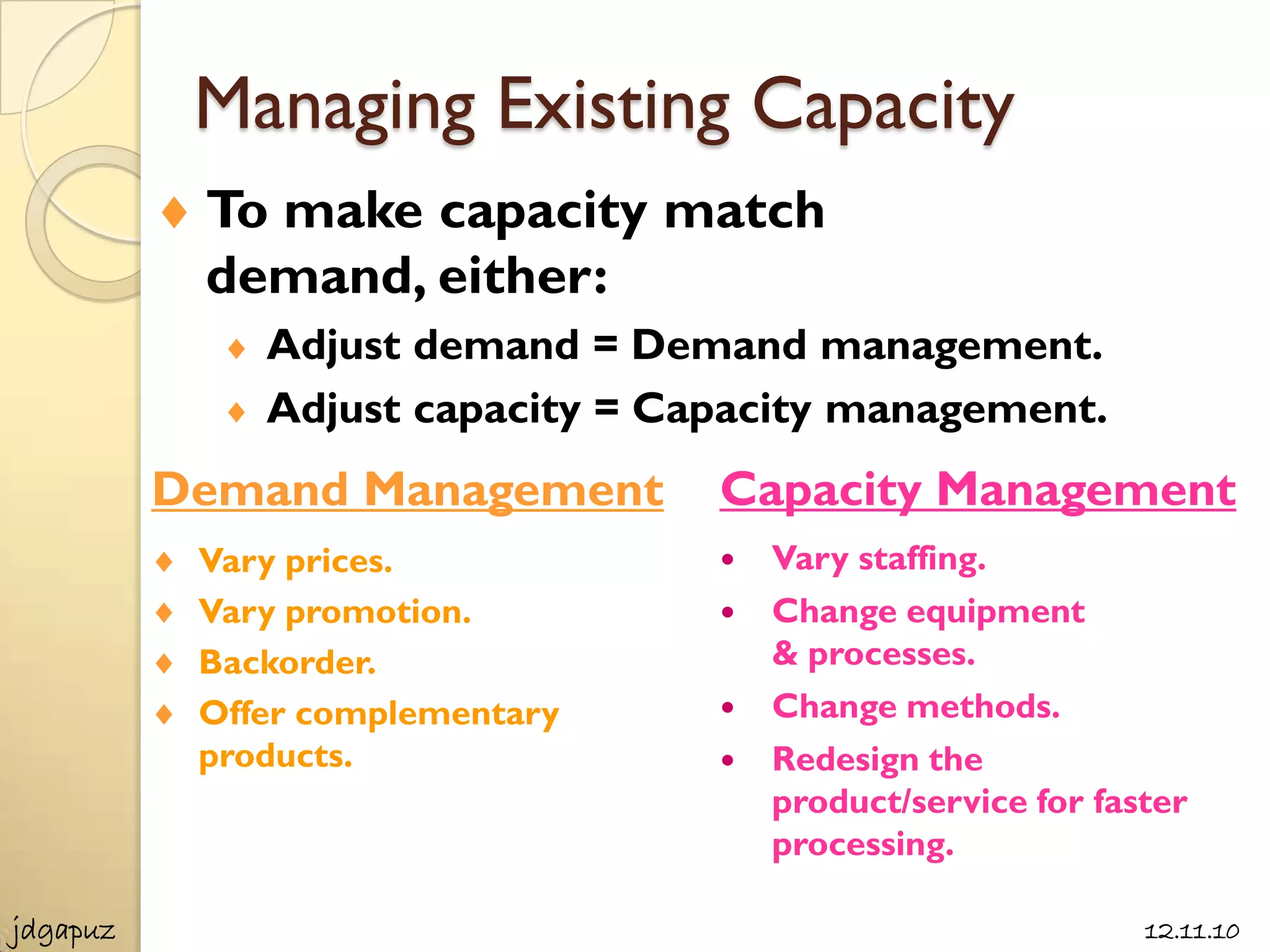 Managing Existing Capacity
           To make capacity match
           demand, either:
              Adjust demand = Demand management.
              Adjust capacity = Capacity management.
          Demand Management       Capacity Management
           Vary prices.              Vary staffing.
           Vary promotion.           Change equipment
           Backorder.                 & processes.
           Offer complementary       Change methods.
           products.                 Redesign the
                                      product/service for faster
                                      processing.

jdgapuz                                                      12.11.10
 
