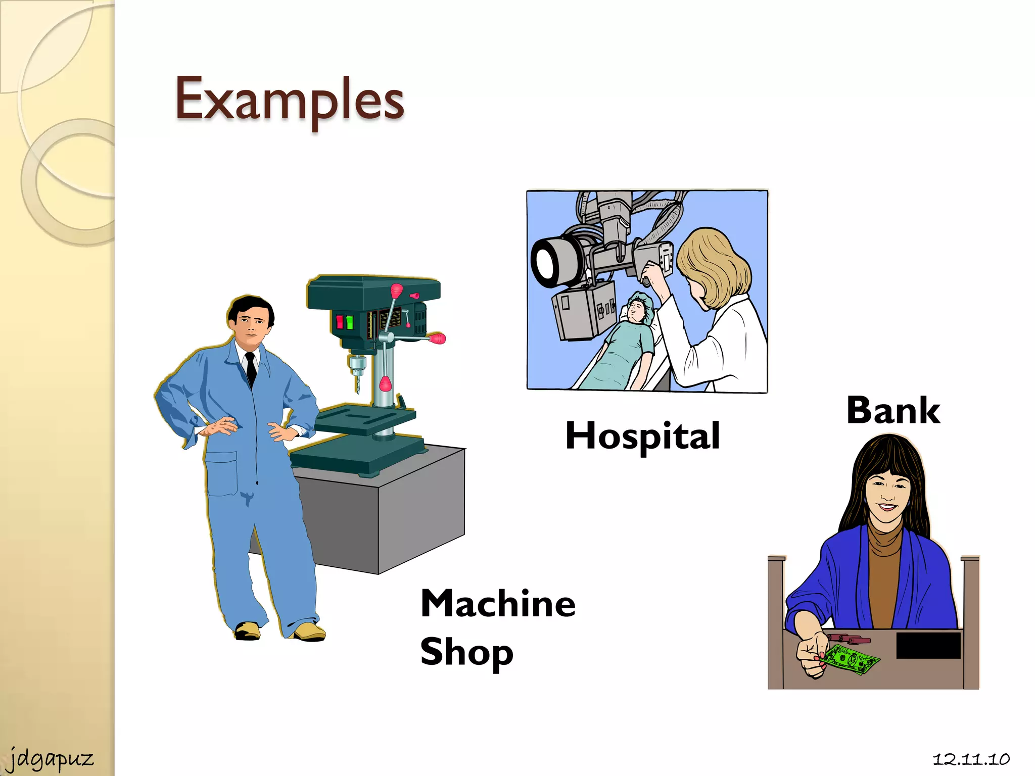 Examples



                                      Bank
                           Hospital



                     Machine
                     Shop

jdgapuz                                  12.11.10
 