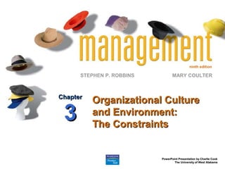 ninth edition
STEPHEN P. ROBBINS
PowerPoint Presentation by Charlie CookPowerPoint Presentation by Charlie Cook
The University of West AlabamaThe University of West Alabama
MARY COULTER
Organizational CultureOrganizational Culture
and Environment:and Environment:
The ConstraintsThe Constraints
ChapterChapter
33
 