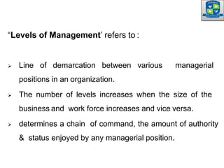 “Levels of Management’ refers to :
 Line of demarcation between various managerial
positions in an organization.
 The number of levels increases when the size of the
business and work force increases and vice versa.
 determines a chain of command, the amount of authority
& status enjoyed by any managerial position.
 