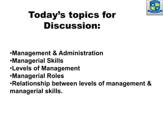 •Management & Administration
•Managerial Skills
•Levels of Management
•Managerial Roles
•Relationship between levels of management &
managerial skills.
Today’s topics for
Discussion:
 