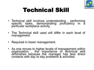 Technical Skill
• Technical skill involves understanding , performing
specific tasks, demonstrating proficiency in a
particular workplace activity.
• The Technical skill used will differ in each level of
management.
• Required in lower management.
• As one moves to higher levels of management within
organization , the importance of technical skill
diminishes because the manager has less direct
contacts with day to day problems & activities.
 