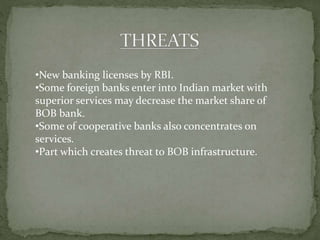 •New banking licenses by RBI.
•Some foreign banks enter into Indian market with
superior services may decrease the market share of
BOB bank.
•Some of cooperative banks also concentrates on
services.
•Part which creates threat to BOB infrastructure.
 