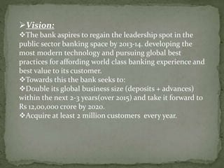 Vision:
The bank aspires to regain the leadership spot in the
public sector banking space by 2013-14. developing the
most modern technology and pursuing global best
practices for affording world class banking experience and
best value to its customer.
Towards this the bank seeks to:
Double its global business size (deposits + advances)
within the next 2-3 years(over 2015) and take it forward to
Rs 12,00,000 crore by 2020.
Acquire at least 2 million customers every year.
 