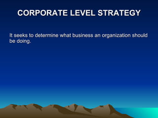 CORPORATE LEVEL STRATEGY It seeks to determine what business an organization should be doing. 