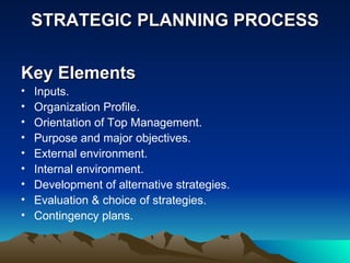 STRATEGIC PLANNING PROCESS Key Elements Inputs. Organization Profile. Orientation of Top Management. Purpose and major objectives. External environment. Internal environment. Development of alternative strategies. Evaluation & choice of strategies.  Contingency plans. 