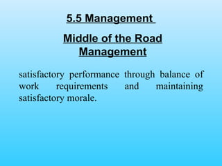 5.5 Management  satisfactory performance through balance of work requirements and maintaining satisfactory morale.  Middle of the Road Management 