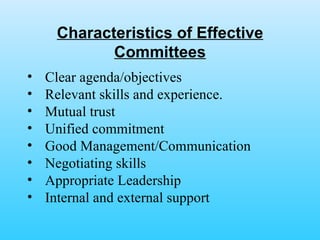 Characteristics of Effective Committees Clear agenda/objectives Relevant skills and experience. Mutual trust Unified commitment Good Management/Communication Negotiating skills Appropriate Leadership Internal and external support 