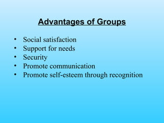 Advantages of Groups Social satisfaction Support for needs Security Promote communication Promote self-esteem through recognition 