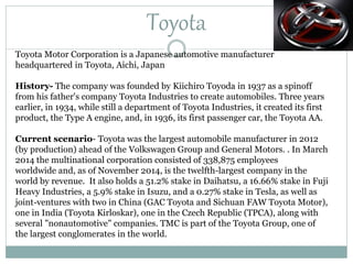 Toyota
Toyota Motor Corporation is a Japanese automotive manufacturer
headquartered in Toyota, Aichi, Japan
History- The company was founded by Kiichiro Toyoda in 1937 as a spinoff
from his father's company Toyota Industries to create automobiles. Three years
earlier, in 1934, while still a department of Toyota Industries, it created its first
product, the Type A engine, and, in 1936, its first passenger car, the Toyota AA.
Current scenario- Toyota was the largest automobile manufacturer in 2012
(by production) ahead of the Volkswagen Group and General Motors. . In March
2014 the multinational corporation consisted of 338,875 employees
worldwide and, as of November 2014, is the twelfth-largest company in the
world by revenue. It also holds a 51.2% stake in Daihatsu, a 16.66% stake in Fuji
Heavy Industries, a 5.9% stake in Isuzu, and a 0.27% stake in Tesla, as well as
joint-ventures with two in China (GAC Toyota and Sichuan FAW Toyota Motor),
one in India (Toyota Kirloskar), one in the Czech Republic (TPCA), along with
several "nonautomotive" companies. TMC is part of the Toyota Group, one of
the largest conglomerates in the world.
 