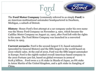 Ford
The Ford Motor Company (commonly referred to as simply Ford) is
an American multinational automaker headquartered in Dearborn,
Michigan, a suburb of Detroit.
History- Henry Ford's first attempt at a car company under his own name
was the Henry Ford Company on November 3, 1901, which became the
Cadillac Motor Company on August 22, 1902, after Ford left with the rights
to his name. The Ford Motor Company was launched in a converted
factory in 1903.
Current scenario- Ford is the second-largest U.S.-based automaker
(preceded by General Motors) and the fifth-largest in the world based on
2010 vehicle sales. At the end of 2010, Ford was the fifth largest automaker
in Europe. Ford is the eighth-ranked overall American-based company in
the 2010 Fortune 500 list, based on global revenues in 2009 of
$118.3 billion. . Ford owns a 2.1% stake in Mazda of Japan, an 8% stake
in Aston Martin of the United Kingdom, and a 49% stake in Jiangling of
China.
 