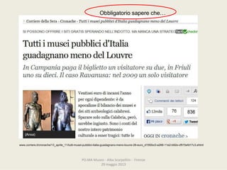 PO.MAMuseo‐ AlbaScarpellini‐ Firenze
29maggio2013
www.corriere.it/cronache/13_aprile_11/tutti-musei-pubblici-italia-guadagnano-meno-louvre-26-euro_d15f2bc0-a266-11e2-b92e-cf915efd17c3.shtml
Obbligatorio sapere che…
 