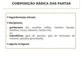 COMPOSIÇÃO BÁSICA DAS PASTAS
vIngrediente(s) ativo(s)
vExcipiente:
- gordurosos (ex. vaselina sólida, vaselina líquida,
lanolina, ceras, silicones, banha etc)
ou
- hidrofílicos (géis de pectina, géis de derivados de
celulose, gelatina glicerinada).
vAgente levigante
 