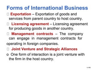 Forms of International Business
Exportation – Exportation of goods and
services from parent country to host country.
Licensing agreement – Licensing agreement
for producing goods in another country.
Management contracts – The company
can engage in management contracts for
operating in foreign companies.
Joint Venture and Strategic Alliances
o One form of interaction is a joint venture with
the firm in the host country.
1–110
 