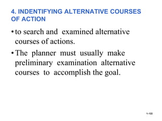 4. INDENTIFYING ALTERNATIVE COURSES
OF ACTION
•to search and examined alternative
courses of actions.
•The planner must usually make
preliminary examination alternative
courses to accomplish the goal.
1–122
 