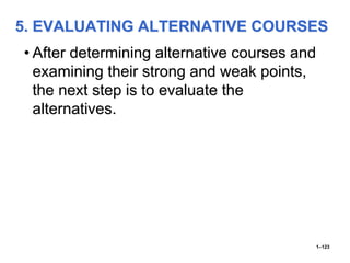 5. EVALUATING ALTERNATIVE COURSES
• After determining alternative courses and
examining their strong and weak points,
the next step is to evaluate the
alternatives.
1–123
 