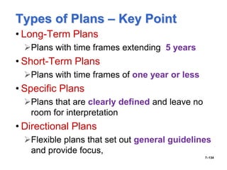 Types of Plans – Key Point
• Long-Term Plans
Plans with time frames extending 5 years
• Short-Term Plans
Plans with time frames of one year or less
• Specific Plans
Plans that are clearly defined and leave no
room for interpretation
• Directional Plans
Flexible plans that set out general guidelines
and provide focus,
7–134
 