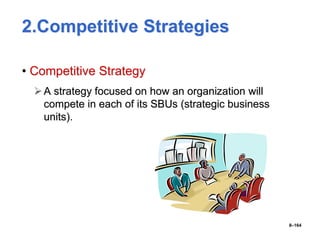 8–164
2.Competitive Strategies
• Competitive Strategy
A strategy focused on how an organization will
compete in each of its SBUs (strategic business
units).
 
