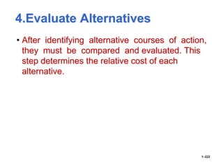4.Evaluate Alternatives
• After identifying alternative courses of action,
they must be compared and evaluated. This
step determines the relative cost of each
alternative.
1–222
 